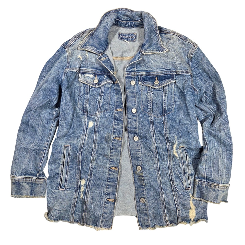 Maurices Womens Medium Wash Distressed Longline Denim Trucker Jacket Size M